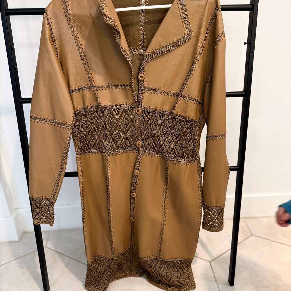 Tan and Brown Crochet Detail Long Jacket